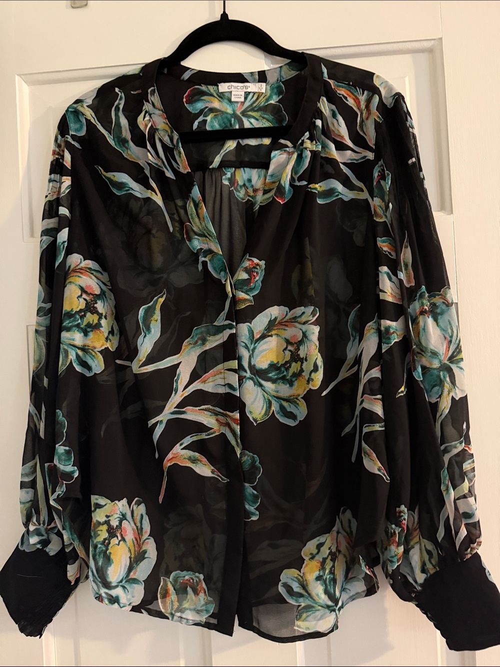 Chico's Black Sheer Floral Button-Front Blouse with Teal and Yellow Blooms